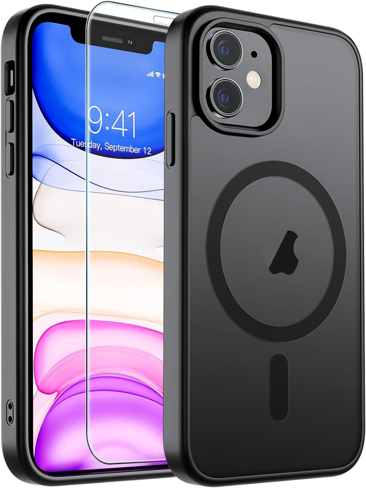 Magnetic for iPhone 11 Phone Case with Screen Protector (Compatible with MagSafe)(Military Grade Drop Protection) Translucent Matte Phone Cover,Black
