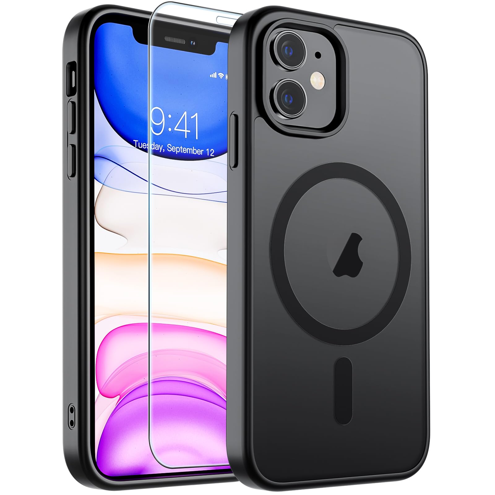 SUPFINE Magnetic for iPhone 11 Phone Case Black | With Screen Protector, Translucent Matte, Compatible with MagSafe, Military Grade Drop Proof, Rugged Shockproof Protective