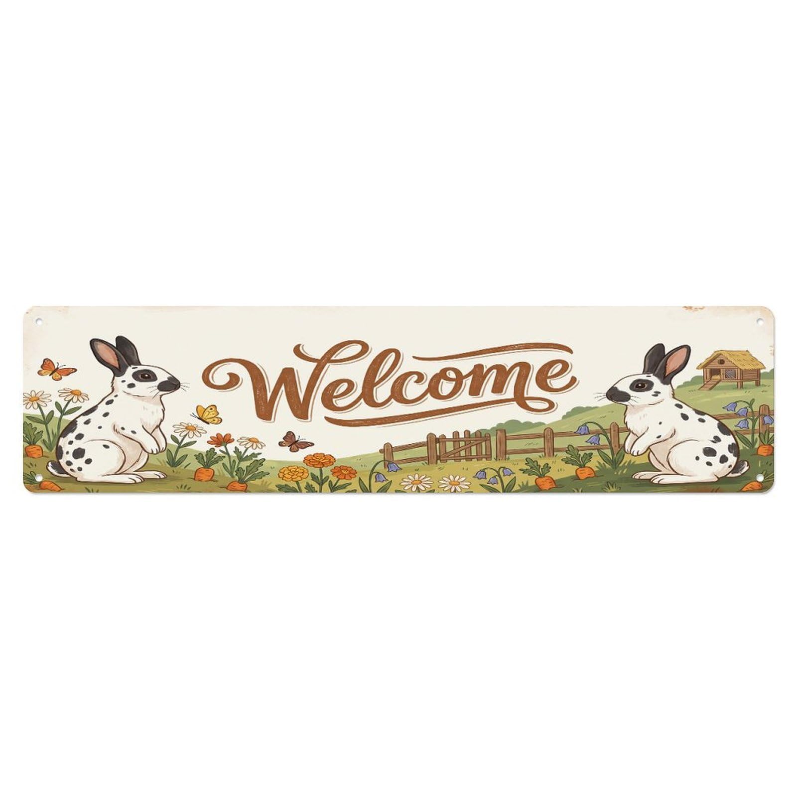 Cxhjca 4X16inch(10X40cm) Vintage Welcome English Spot Rabbit Metal Tin Sign
