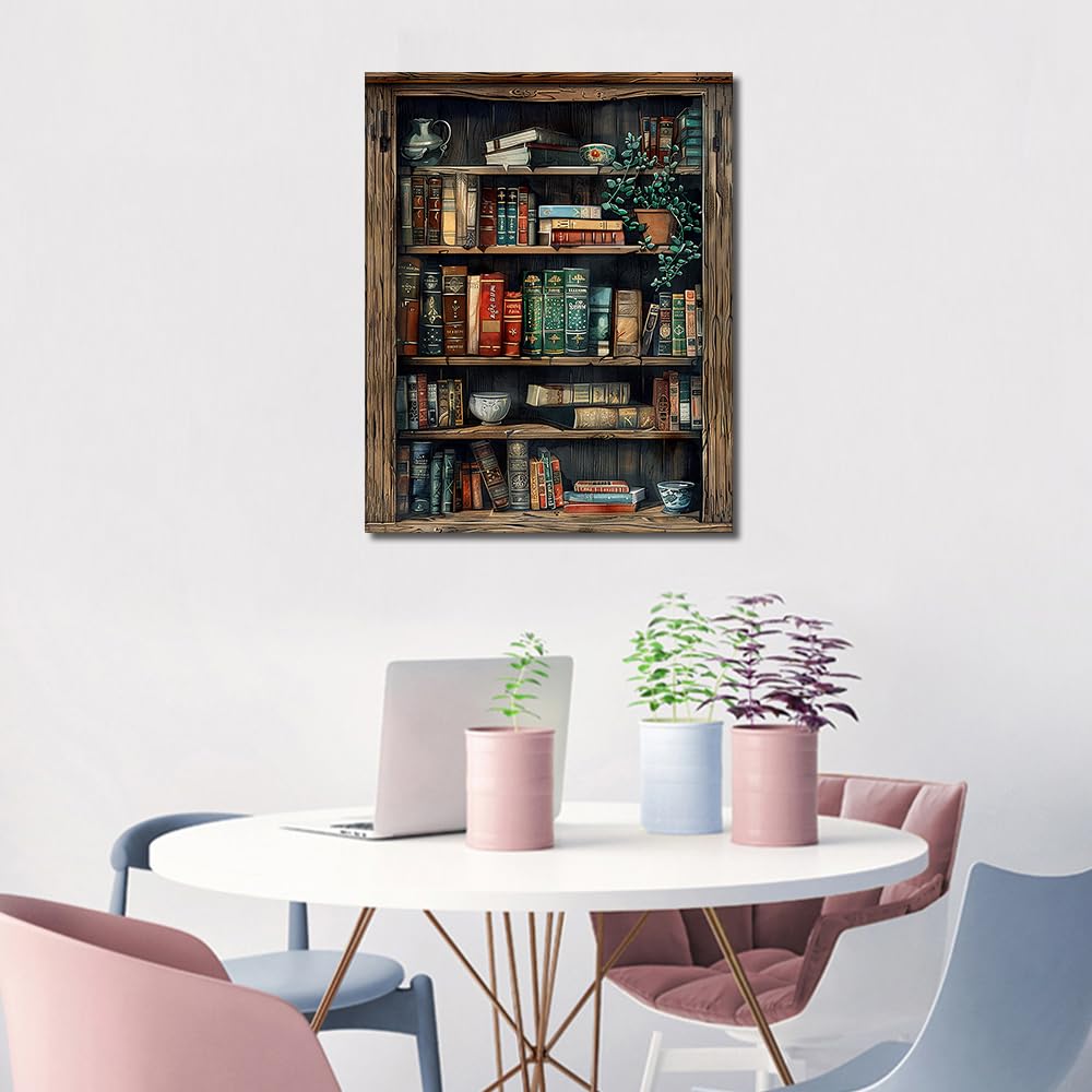 TISHIRON Peinture Par Numéros Pour Adultes – Kit DIY Toile Bibliothèque Vintage, Acrylique Facile à Peindre, Déco Maison