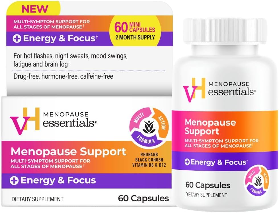 vH essentials Menopause Plus Energy & Focus Support 60 Capsules – Multi-Symptom Support for All-Stages of Menopause: hot Flashes, Night Sweats, Mood Swings, Fatigue & Brain Fog
