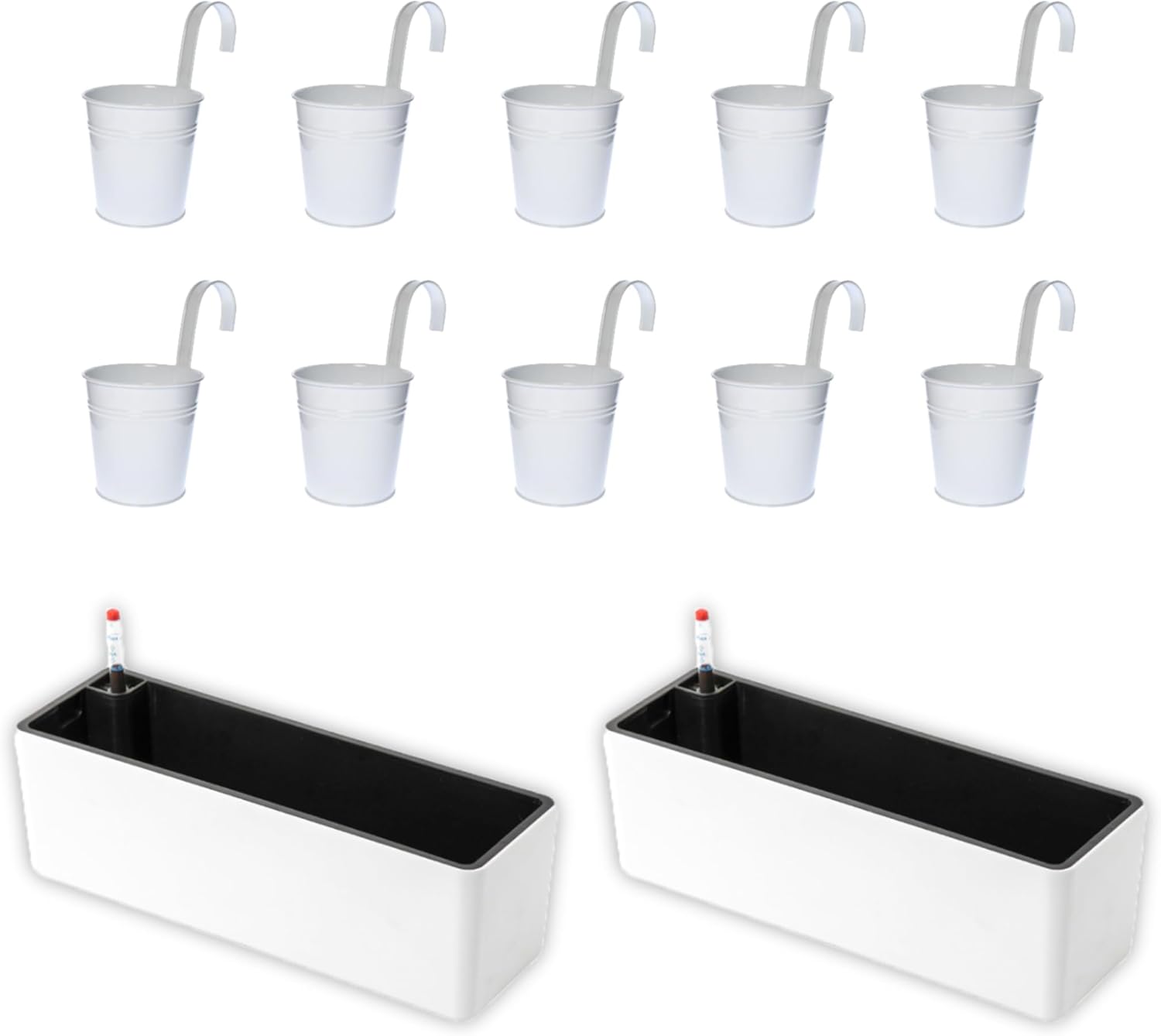 LaLaGreen Bundle- 2 Pack, 16 Inch Rectangular Self Watering Pot + 10 Pack, 4 Inch White Metal Pot Windowsill Indoor Herb Planter Boxes Hanging Herb Garden Modern Window Balcony Rail Fence Home Decor