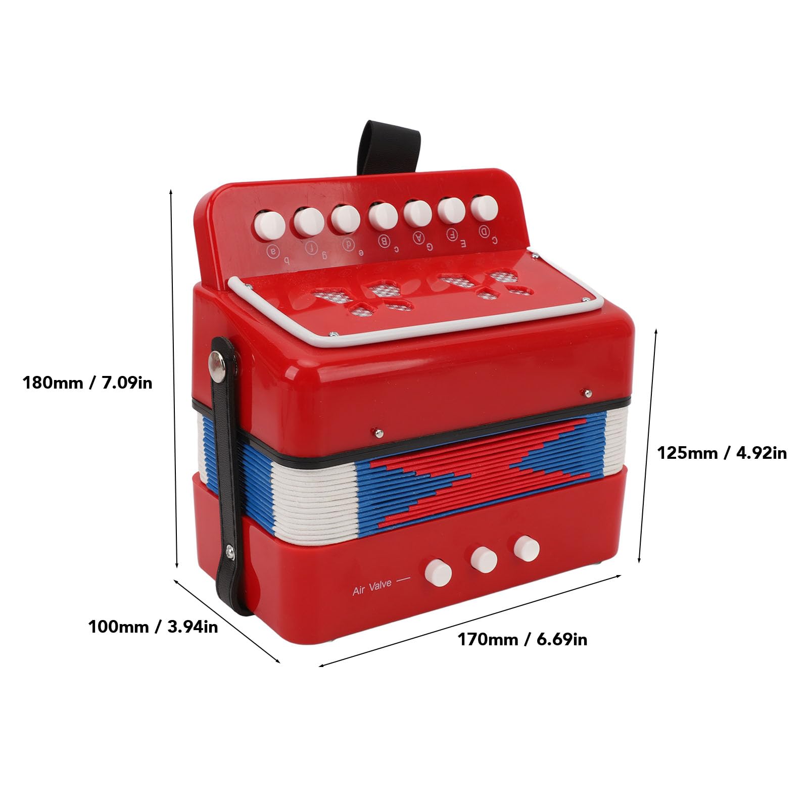 Mini Accordion 7 Key 2 Bass, Instrumento de educación musical, material ABS con fuelle de cuero, Guía de aprendizaje incluida, portátil con hebilla de cinturón