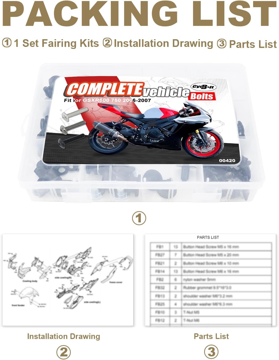 Full Sets Fairing Bolts Kit Compatible with GSX-R600 GSX-R750 2006-2007 GSXR600 GSXR750 GSX-R 600 GSX-R 750 Complete Fairing Cowling Screws Mounting Bolt Cowling Screw Nut Fasteners