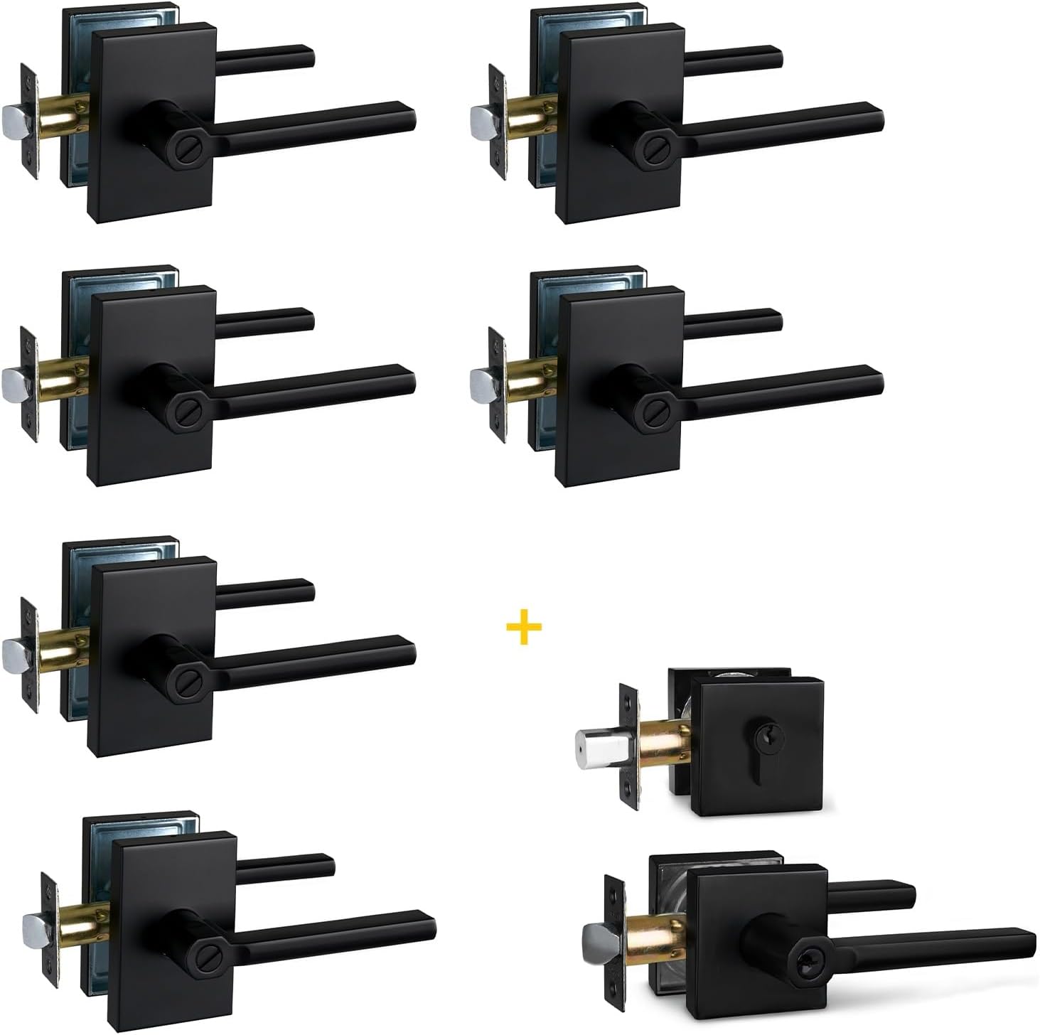 NEWBANG (6 Pack) Privacy Lever + (1 Pack) Entry Combo with Deadbolt in Matte Black