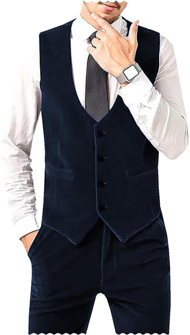 Men's Vest Velvet V-Neck Formal Suit Vests Groom Vest Slim Fit Wedding Waistcoat