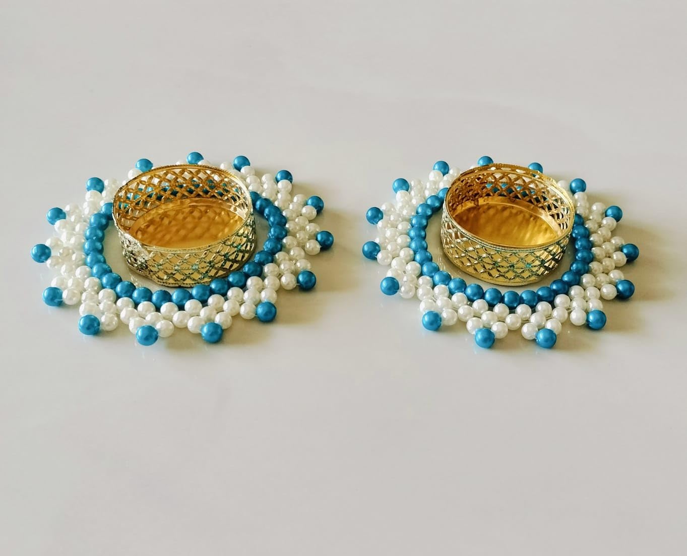 Swami Creations, Diya Rangoli, Decorative Tealight Candle Holder with Pearls, Traditional Moti Rangoli for Diya, Set of 2, White & Coloured Beads (Blue)-image-34