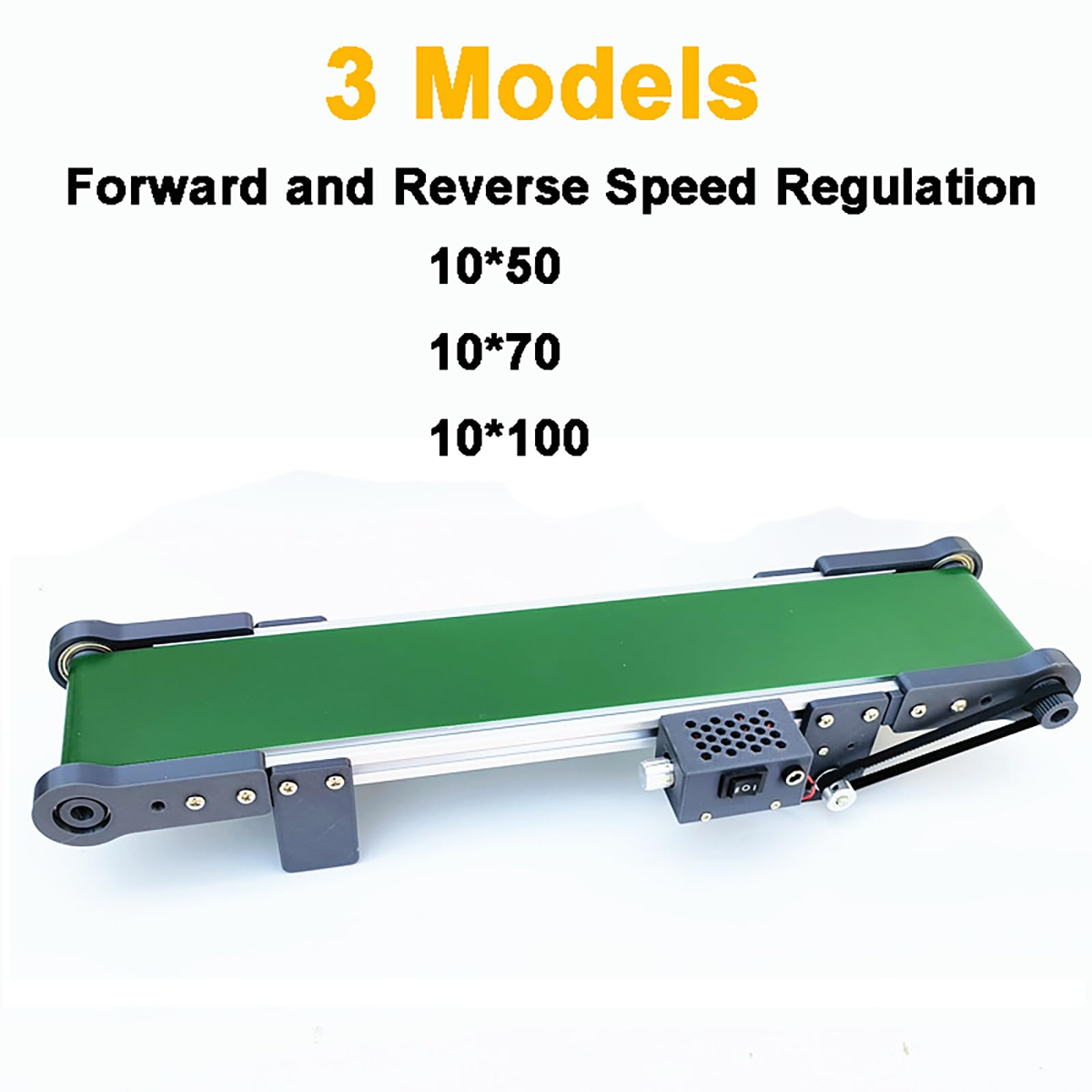 Verstellbares elektrisches Mini-Förderband, 167 U/min, Geschwindigkeitskontrolle, Vorwärts-/Rückwärts-Funktion, ideal für Reibungsexperimente, kompaktes Design, 10 x 50 cm, maximale Geschwindigkeit