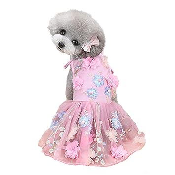 SEIS Flower Lace Dog Dress Cat Princess Suspender Costume Puppy Tutu Floral&Bow Clothes Puppy Embroidery Skirt for Cats Teddy Dog Small Medium Dogs (Pink, L (Chest Circumference 47cm/18.5