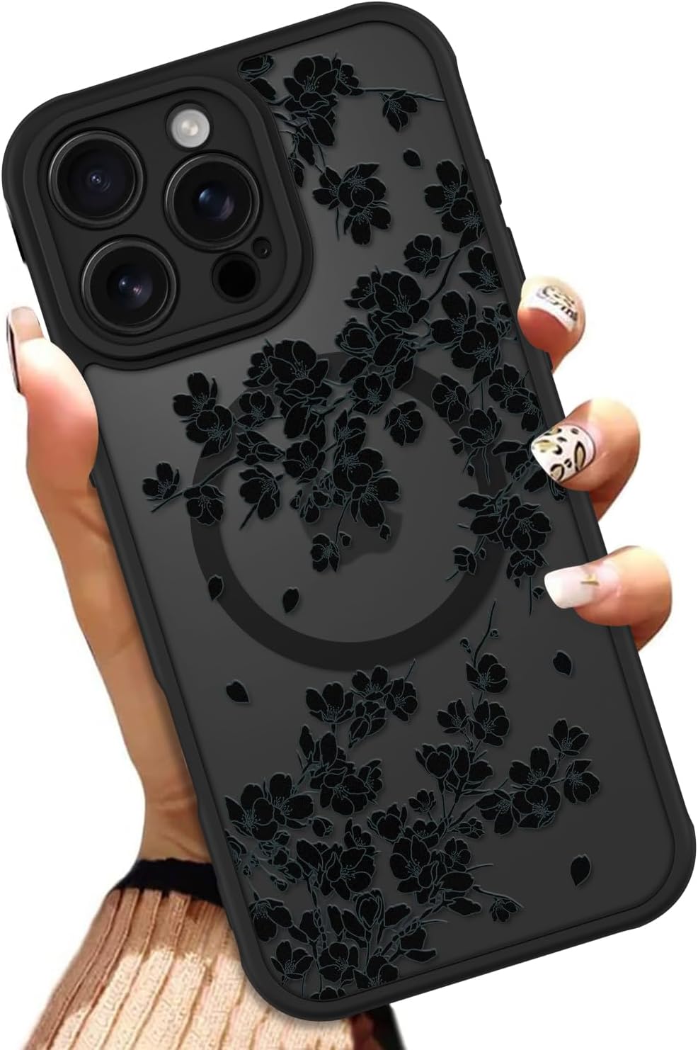 OOK Case for iPhone 16 Pro Max 6.9 Inch (Compatible with MagSafe) Floral Flowers Design Translucent Phone Cover Soft TPU + Hard PC Anti-Scratch Shockproof Magnetic Cute Case for Women - Black