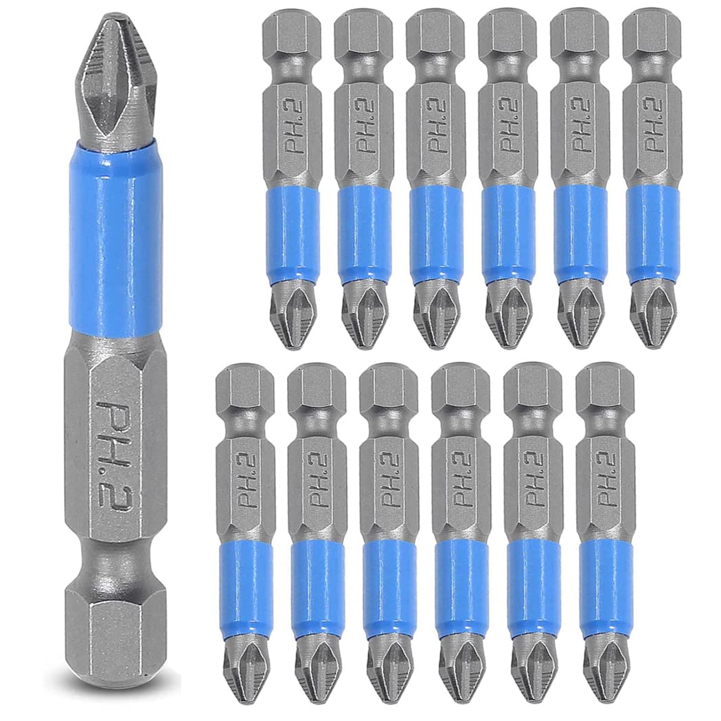 12Pcs 2 Inch Magnetic Anti Slip Screwdriver Bits Set, 1/4 Inch Hex Shank Phillips Screw Head Magnetic PH2 Bits Set (PH2 x 50MM)