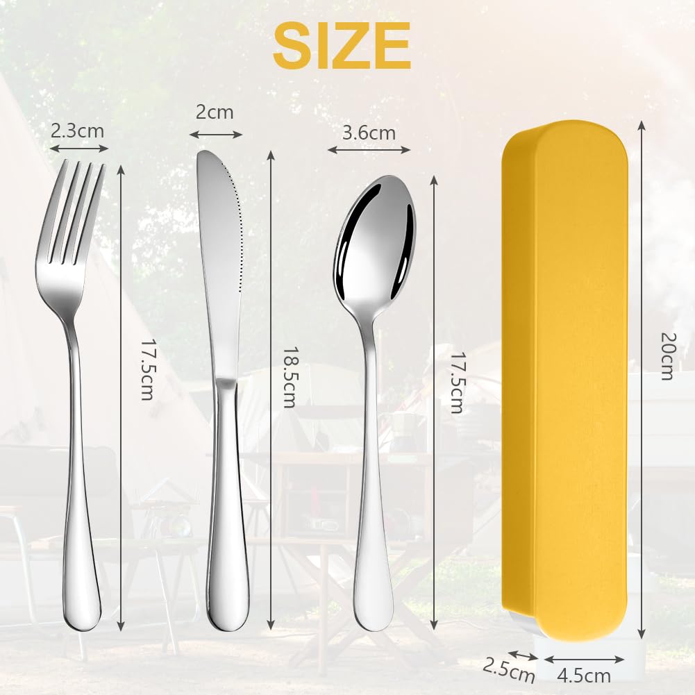 HOTUT 3 Pezzi Posate Da Campeggio Kit con Borsa Portaoggetti, Set di Posate Acciaio Inox, Finitura Lucida Lavabili in Lavastoviglie, Posate Da Viaggio in Argento con Cucchiaio Forchetta Coltello