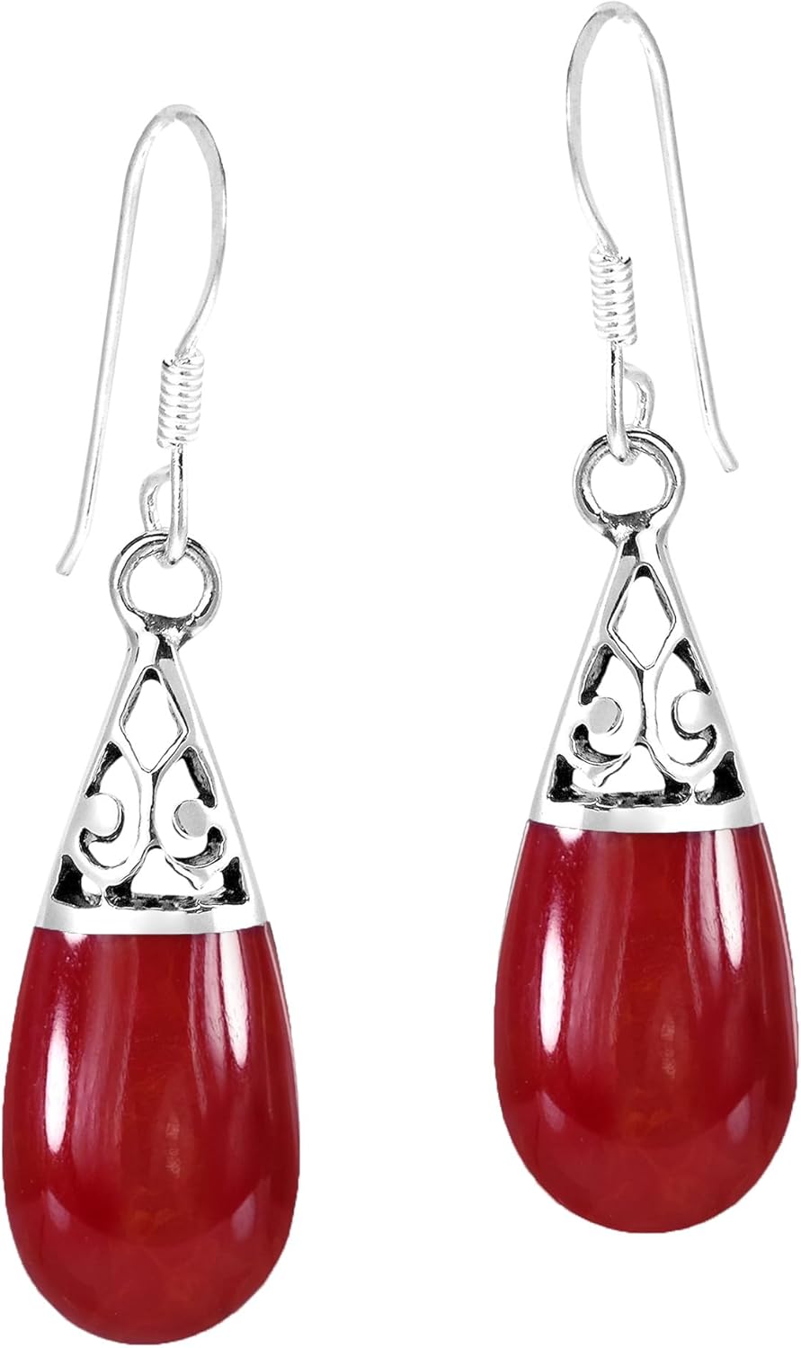 AeraVida Filigree Swirl Teardrop Reconstructed Red Coral Inlay .925 Silver Dangle Earrings for Women | Fashion Jewelry | Elegant Earrings | Cute Earrings