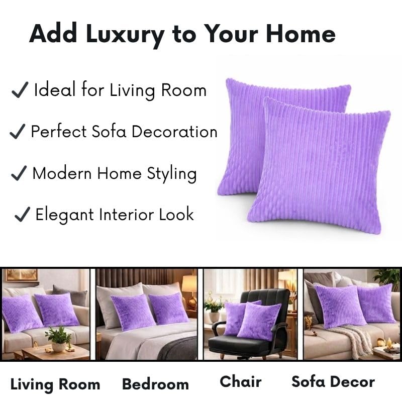 Image of RD TREND Cushion Cover Set of 2, Decorative Sofa Living Room Home Square Cushion Covers 16 Inch x 16 Inch, Aesthetic Corduroy Striped Double Sided (Lavender)
