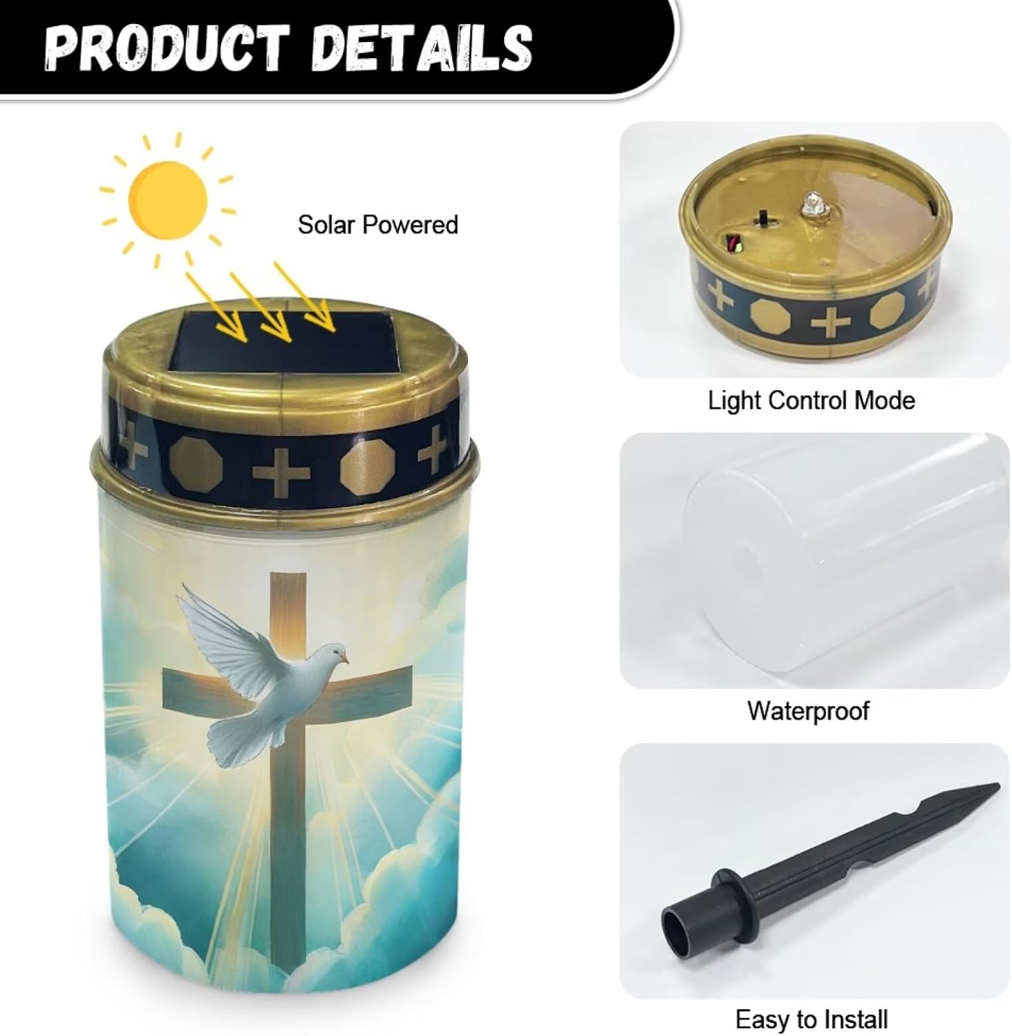 Poceacles Cemetery Candle Grave Lights Outdoor Waterproof Decoration Pathway Lights Garden Solar Candle for Garden Lawn Decor, 2 Pieces, Dove of Peace Cross Cloud Print