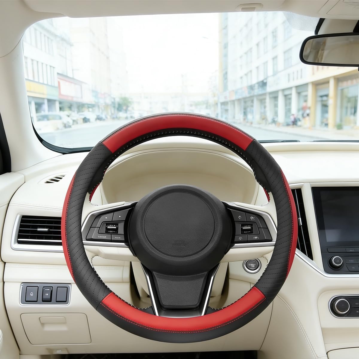  Car Steering Wheel Cover, 15 Inch Full Surround Vehicle Steering Wheel Guard with Anti-Slip Lining, Auto Interior Protective Accessories, Universal for SUV Automobile Truck (Black Red) thumbnail