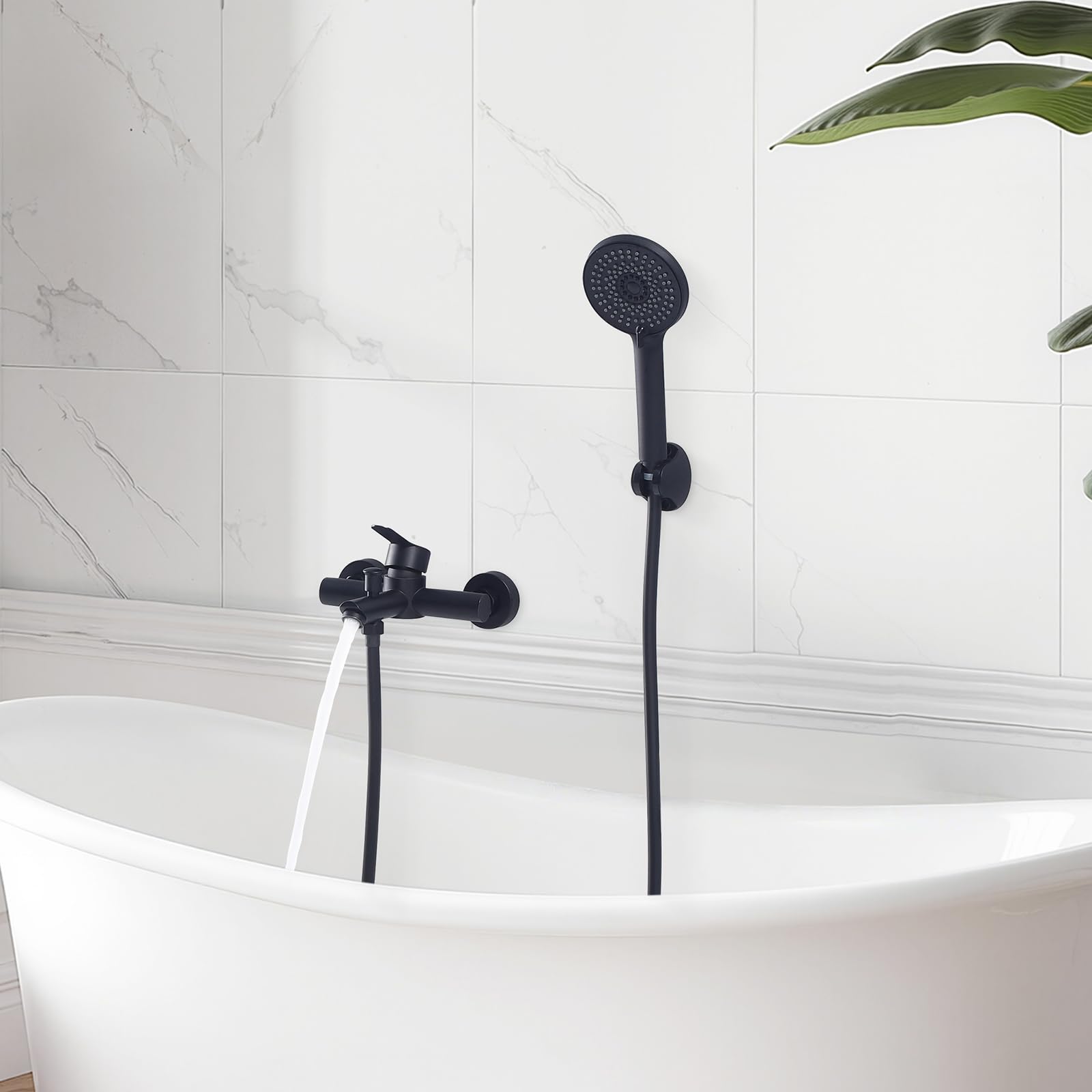 HOMELODY Badewannenarmatur Schwarz Matt Mischbatterie für Badewanne Wandmontage, 2 Ausgänge Einhebelmischer Duscharmatur mit Wanneneinlauf, Anschlussmaß 135–165 mm, ohne Handbrause/Schlauch