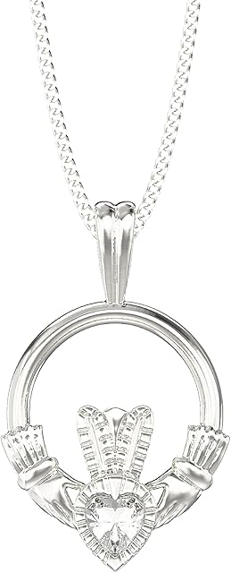 Aeon Jewellery Silver Claddagh Necklace - 925 Sterling Silver & Emerald Green Cubic Zirconia Pendant | Adjustable 16-18 Inch Chain | Irish Celtic Jewellery Gifts for Women | Polishing Cloth Included
