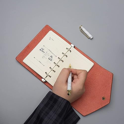 Vista 6 de Carpeta de diario marrón retro de cuero para viajeros, A7, recargable, 6 anillas, cuaderno de bocetos con 1 paquete de líneas A7, organizador