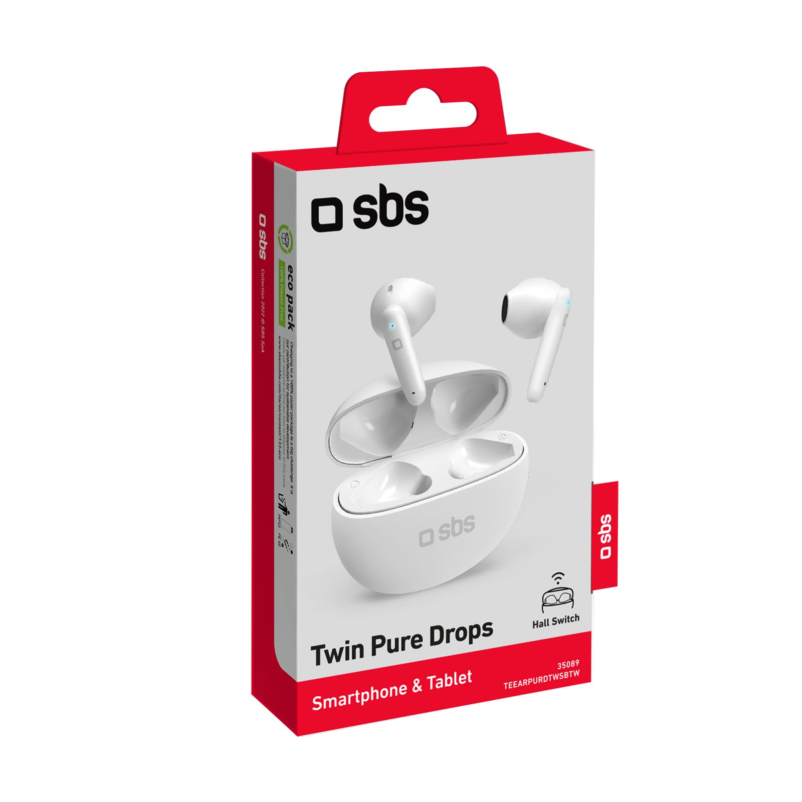 SBS Twin Pure Drops - Cuffie Auricolari Semi In-Ear True Wireless Stereo, Custodia di Ricarica, Microfono HD, Controlli Touch, per Smartphone, Tablet, Laptop, 35 Ore