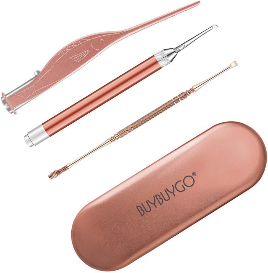 Earwax Spoon Digger & Ear Tweezers with LED Light, Ear Wax Removal Tool for Kids & Family, Ear Pick Cleaner Kit for Ear Health Care, Bonus Stainless Steel Ear Pick & Carry Case (Rose Gold)