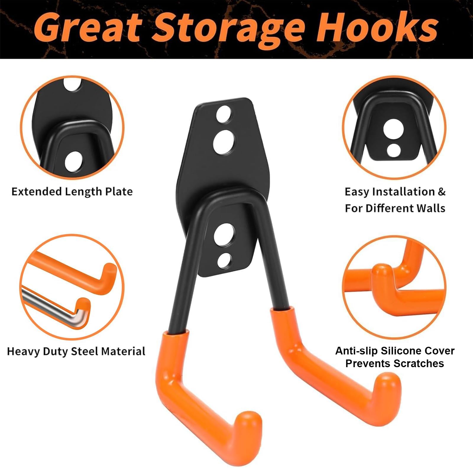 EZ COZY Robuste Wandhalterungshaken, 16 Stück mit 2 Verlängerungsschnurbändern (orange) für Garage, Schuppen, Fahrräder, Leitern, Seile