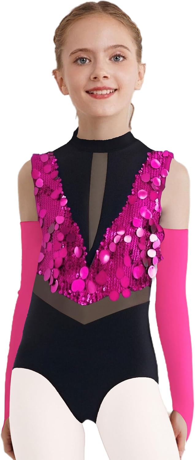Kids Girls Sequin Jazz Dance Outfit Shiny Sleeveless Gymnastics Leotard Ballet Unitard Bodysuit with Gloves