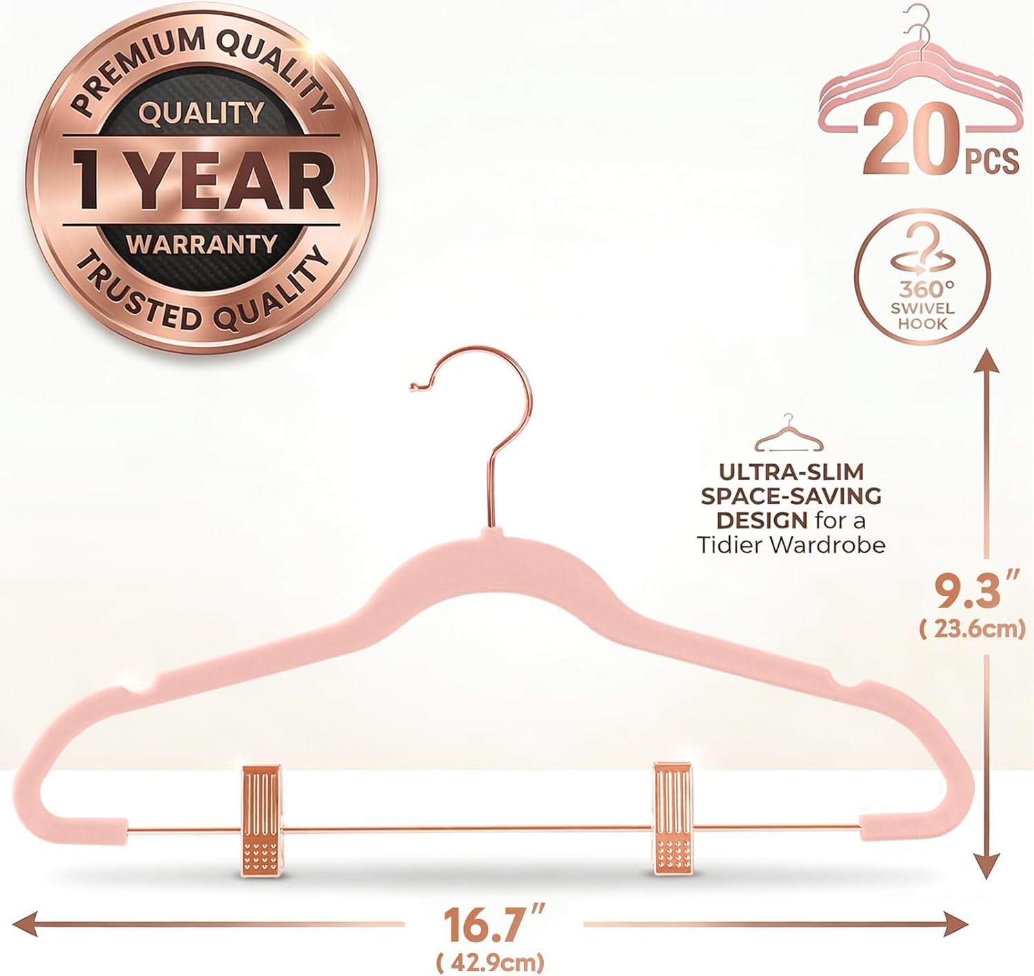 MIZGI Premium Velvet Pants Hangers with Clips (Pack of 20) Slim Skirt Hangers- Non Slip Felt Outfit Dress Hangers Blush Pink - Copper/Rose Gold Hooks,Space Saving Shirt Clothes Hangers