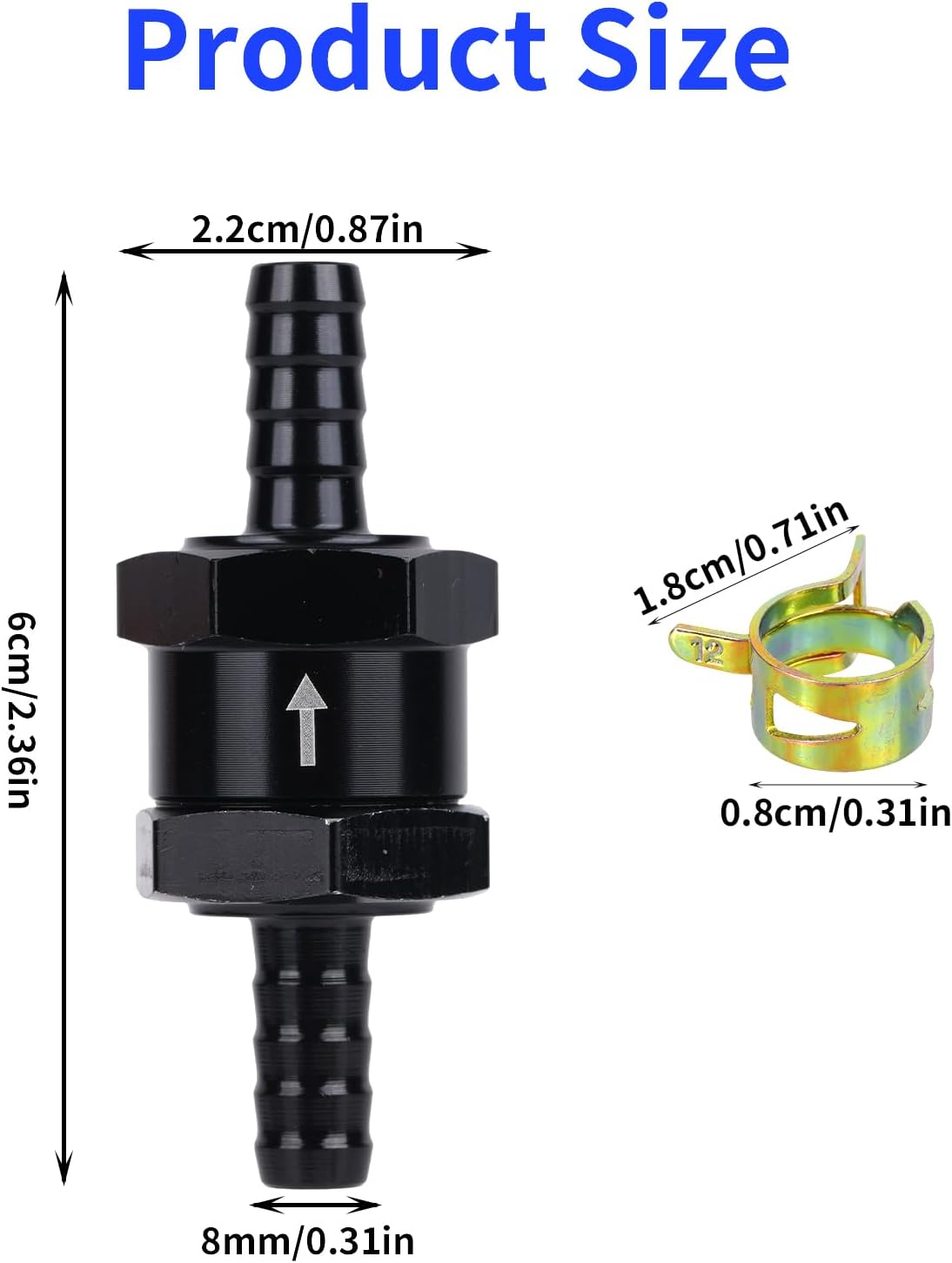 5/16" Fuel One Way Check Valve Set of 2, Aluminum Alloy 8mm OD Fuel One Way Inline Non Return Check Valve with Hose Clamps for Petrol Gasoline Diesel Oil Water (Black)