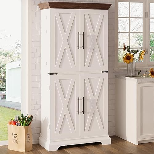 IRONCK Kitchen Pantry Cabinet 71.7" H, with 9 Shelves, 4 Barn Doors, Drawer, 6 Door Storage Shelves, Farmhouse Freestanding Rustic Wood Cupboard for Kitchen Dining Room White.