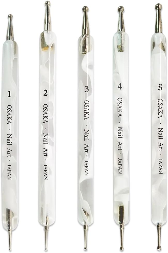 Osaka 5 Piece Double-Sided Dotting Tool Set with White Marble Acrylic Handle for Nail Art Designs Manicure Pedicure