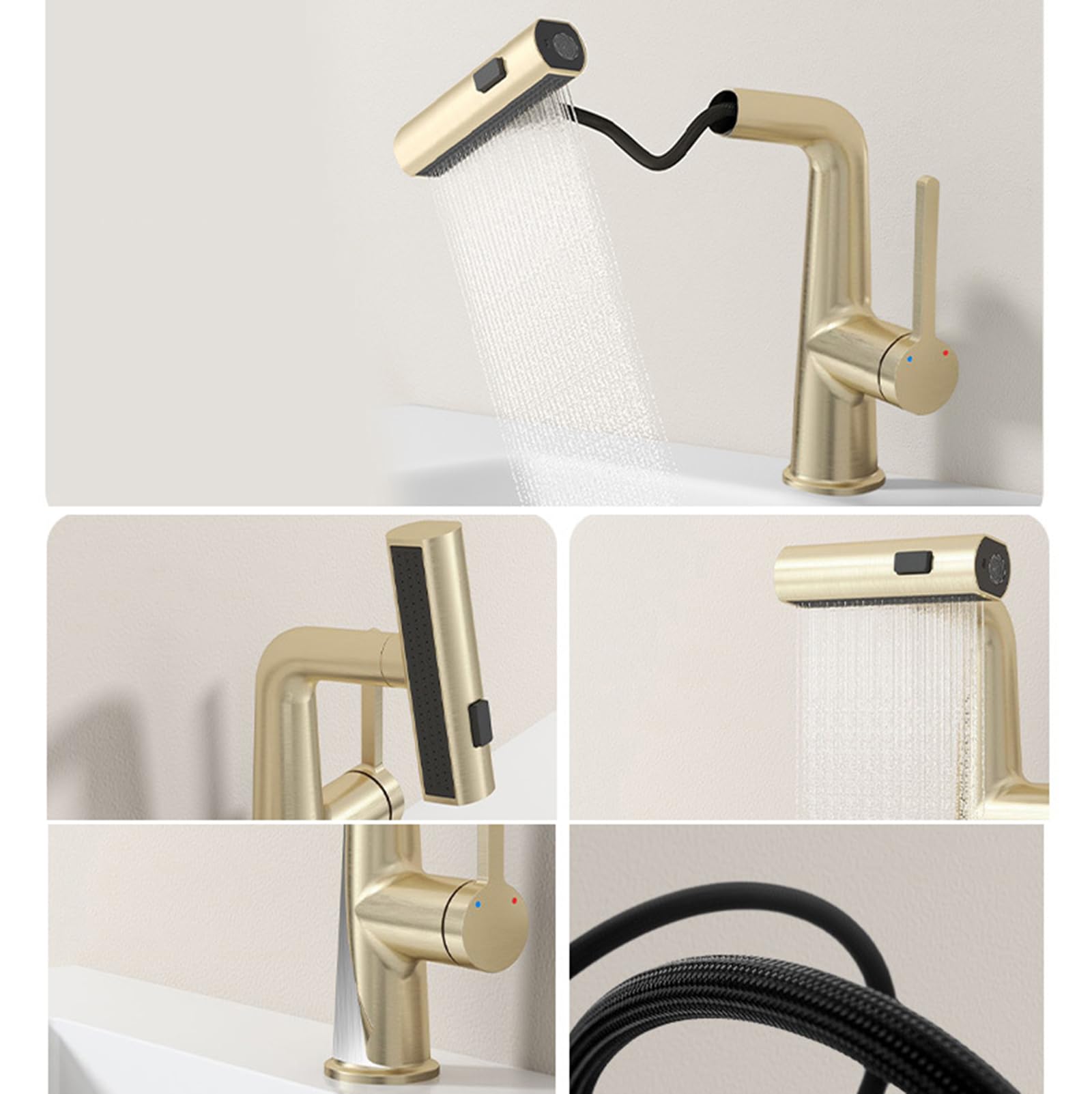 Generico Rubinetto da Bagno Rubinetto Estraibile per Lavabo Miscelatore per Bagno Cascata Miscelatore Monocomando per Lavabo 2 modalità Bianco Latte