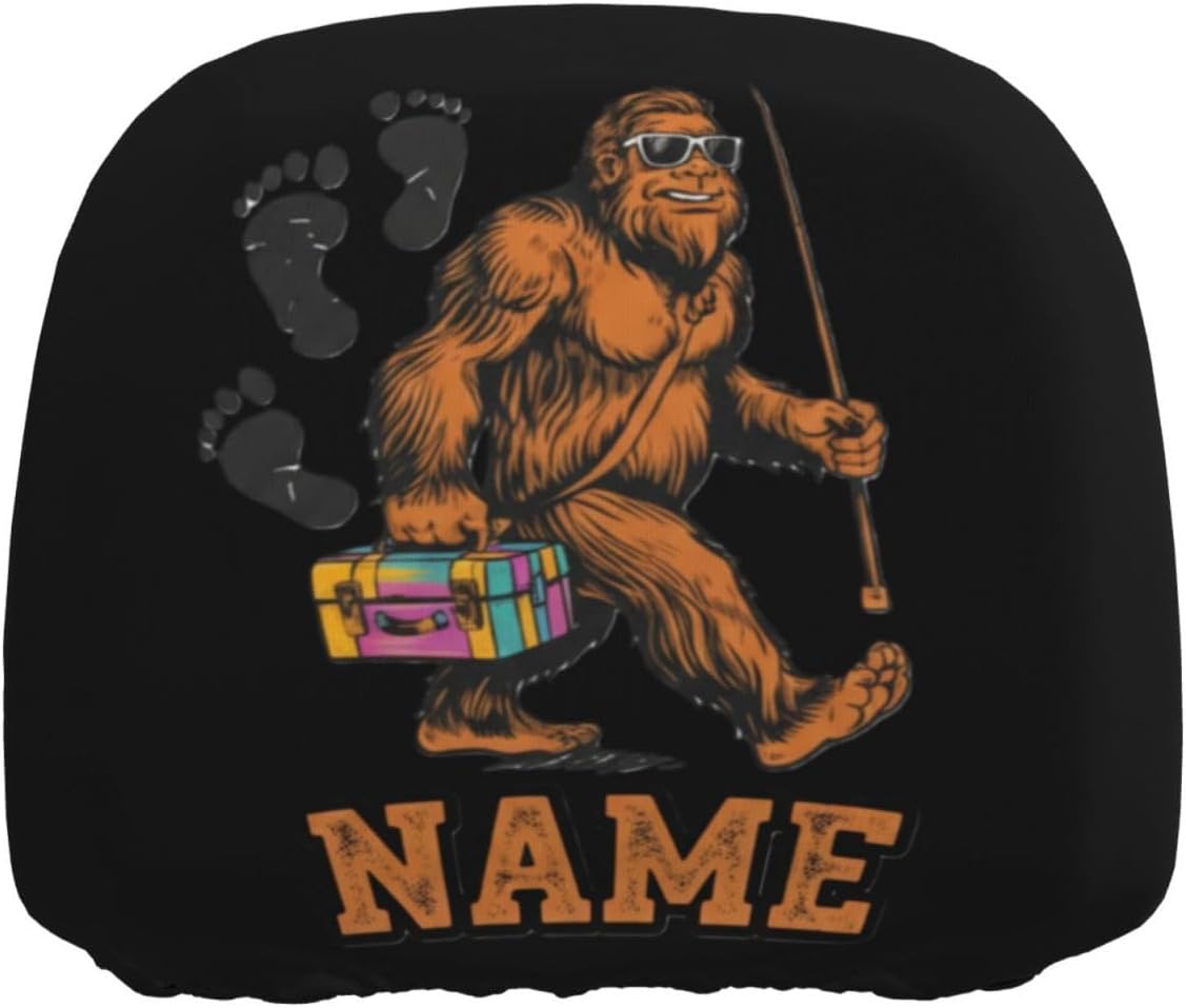 Personalized Bigfoot Fishing Car Headrest Covers Set of 2, Custom Name Sasquatch Gone Fishin' Graphic, Funny Car Accessories for Truck SUV Interior Decor, Gift for Men Outdoor Enthusiast Fisherman