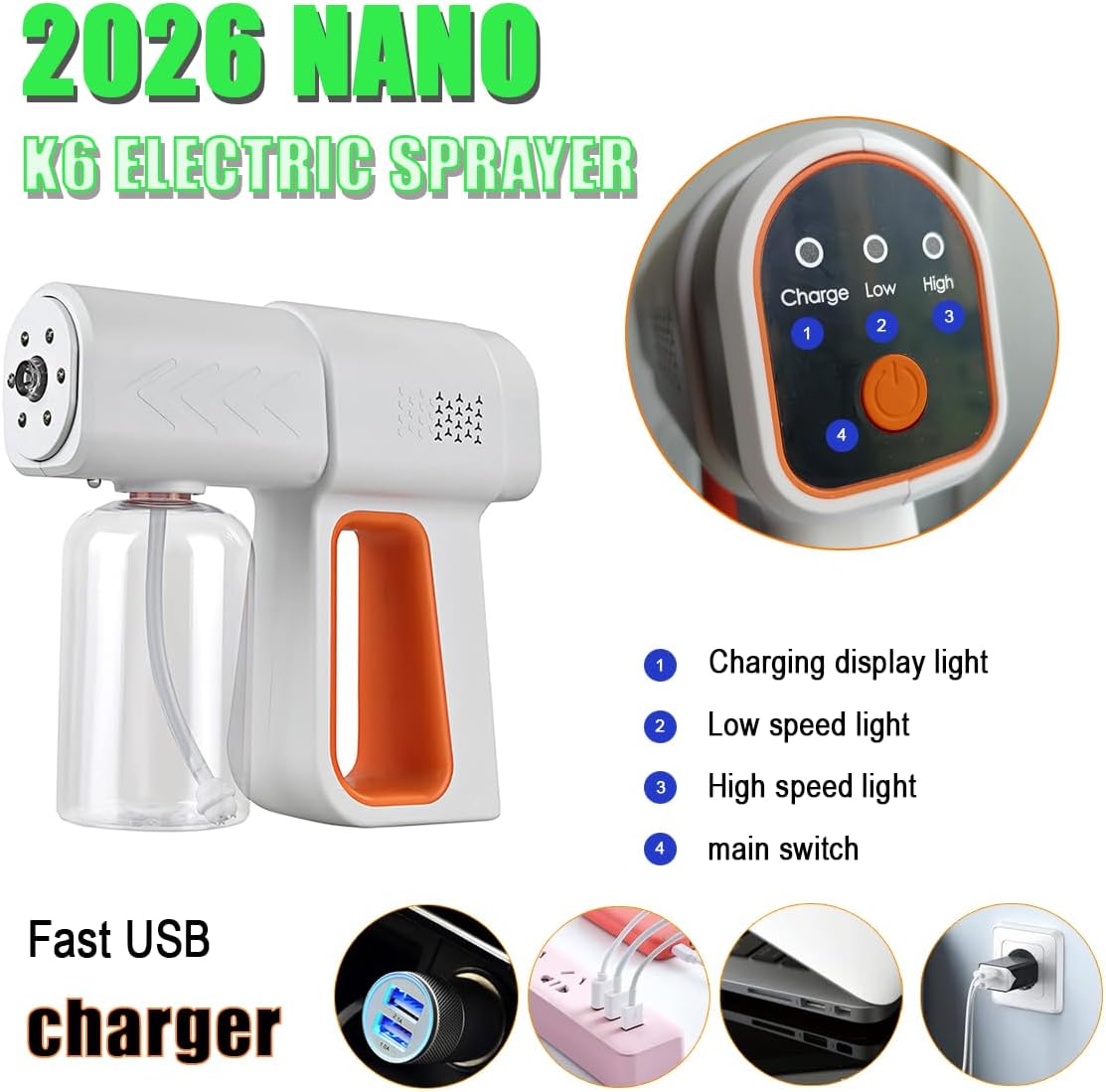 Atomizer Sprayer, Rechargeable Nano Mist Sprayer Gun with Blue Light, Portable Electrostatic ULV Fogger Machine, Cordless Handheld Atomizing Spray Device for Home, Office, Car & Barber Salon