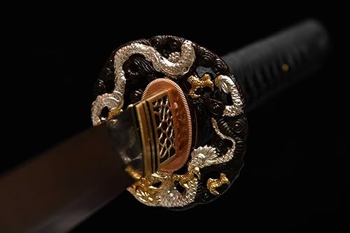 Miniatura 7 de HERO SWORD Arcilla Katana de dragón hecha a mano de acero templado T10 real Hamon Samurai Espada Auténtica Cuchillos Japoneses Navaja Afilada Negro