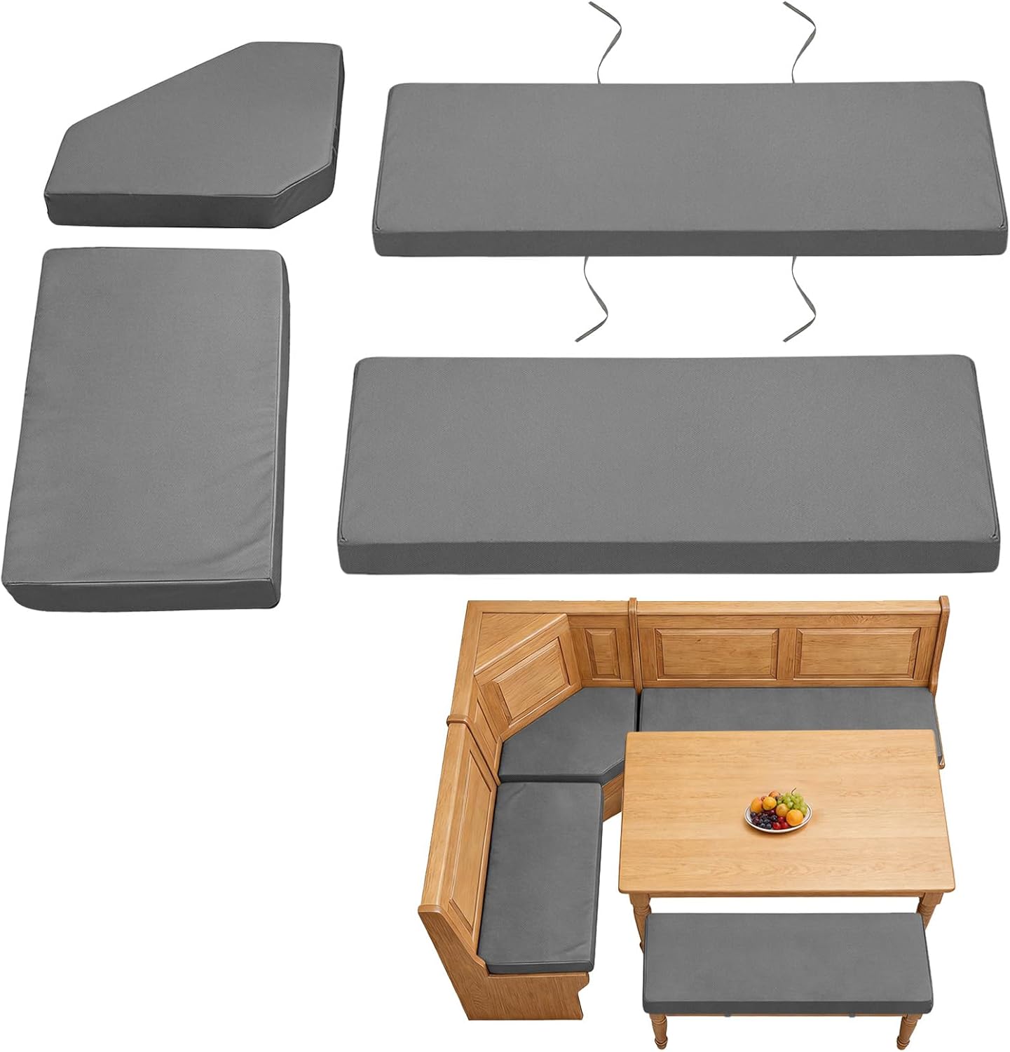 4-Piece Breakfast Nook Cushion Set, Water-Resistant & Removable Covers Breakfast Dining Nook, High-Density Foam Includes Straps Fits Corner Bench & Dining Set (Grey)