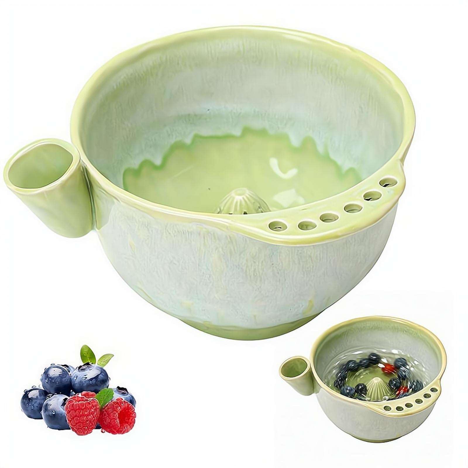 Berry Bowl, Ceramic Berry Washing Bowl with Self Spinning Function, Fruit and Vegetable Washer with Drain, Fruit Washer Spinner Rinse Basket for Strawberries, Blueberries