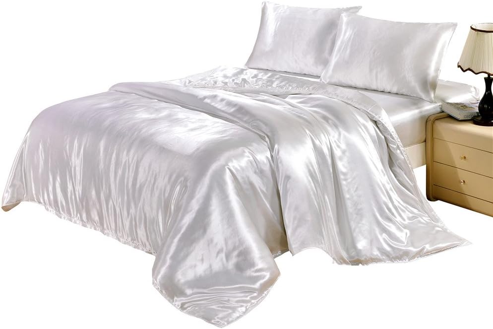 DuShow Satin Silk Duvet Cover Set Queen White Solid 3 Pieces Bedding Cover Set 1 Duvet Cover and 2 Pillowcases Soft High Thread Count Comforter Cover Set with Zipper Closure(Queen,White)