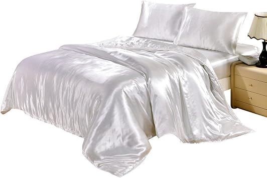 DuShow Satin Silk Duvet Cover Set Twin Kids Solid Duvet Cover Silky Soft Comforter Cover Set with Zipper ClosureTwin,White