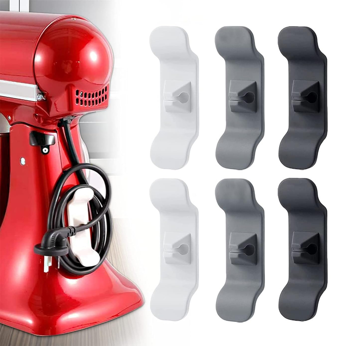 6 Pack Cord Organiser for Kitchen Appliances, Cable Buddy Ideal for Blenders, Coffee Makers, Air Fryers, Self-Adhesive Cord Holder Easy Installation, Durable Rubber, White, Black, Grey