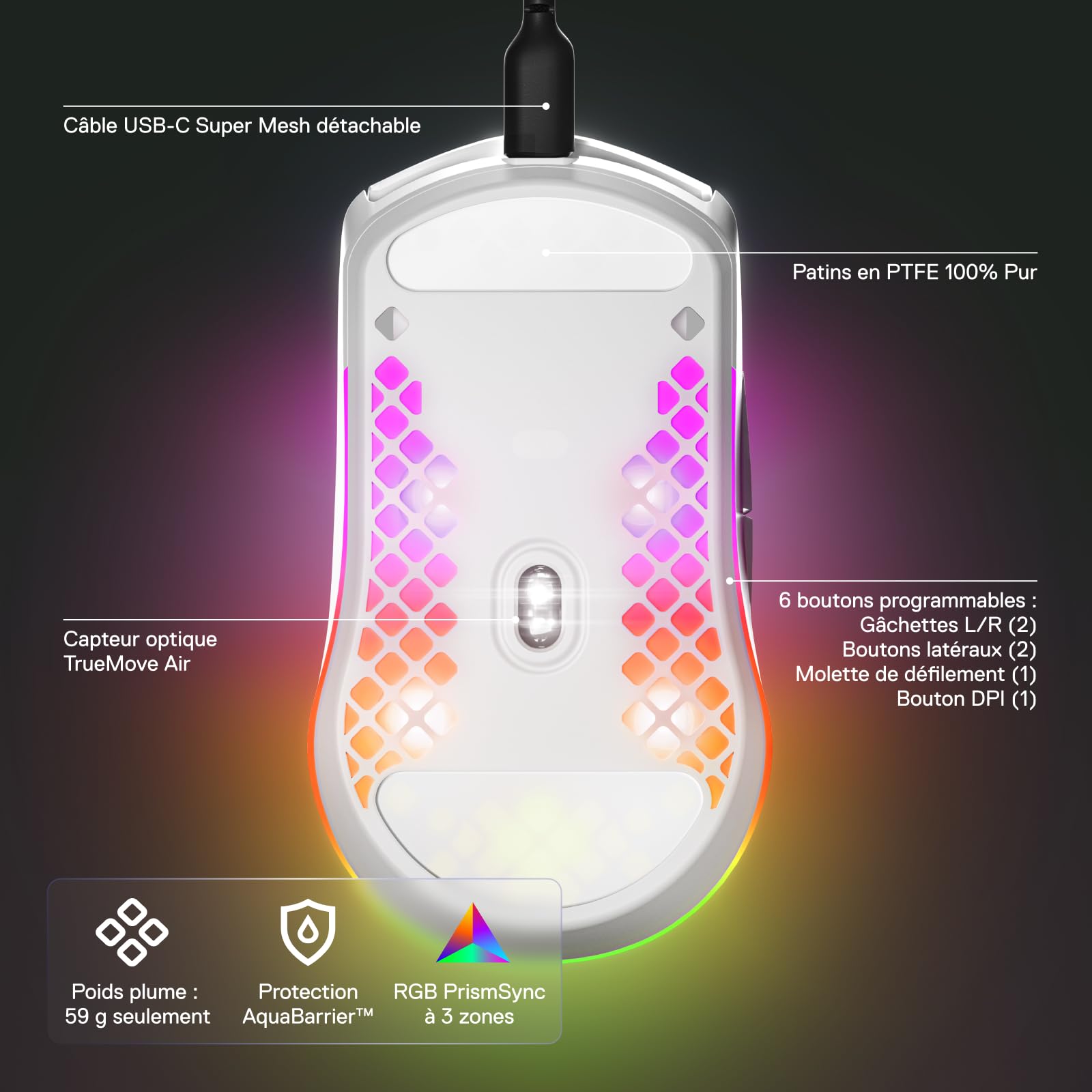 SteelSeries Aerox 3 - Souris gaming RGB perforée - Conception étanche ultralégère - Capteur optique TrueMove Core 8 500 DPI - Snow