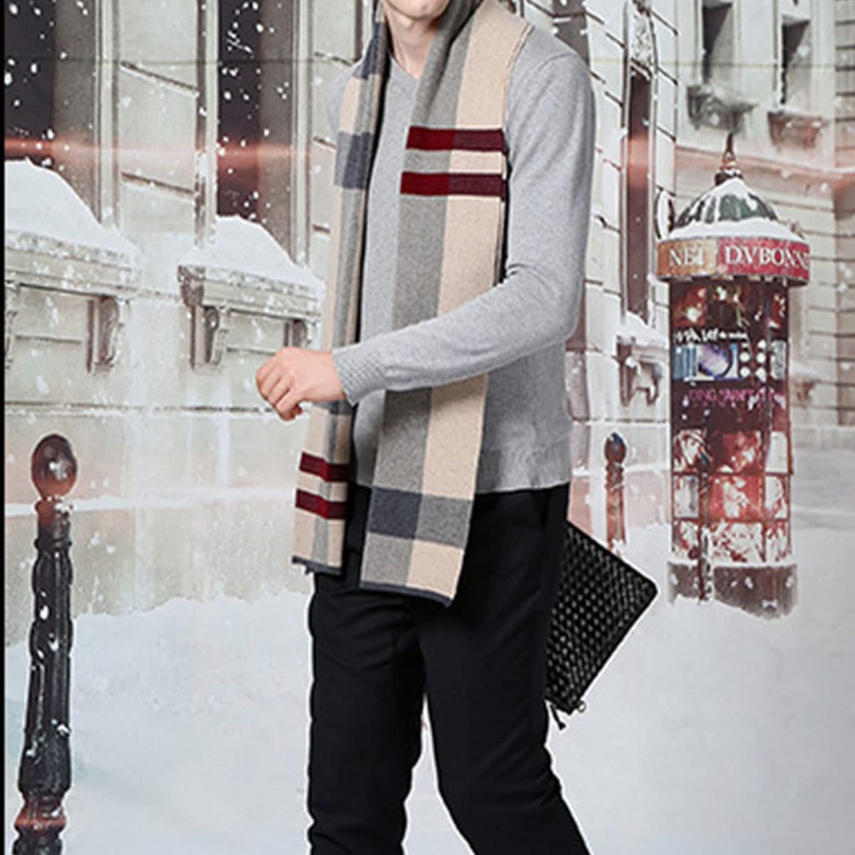 Sciarpa in pura lana, sciarpa lunga in morbido cotone scozzese in cashmere caldo invernale leggero da uomo