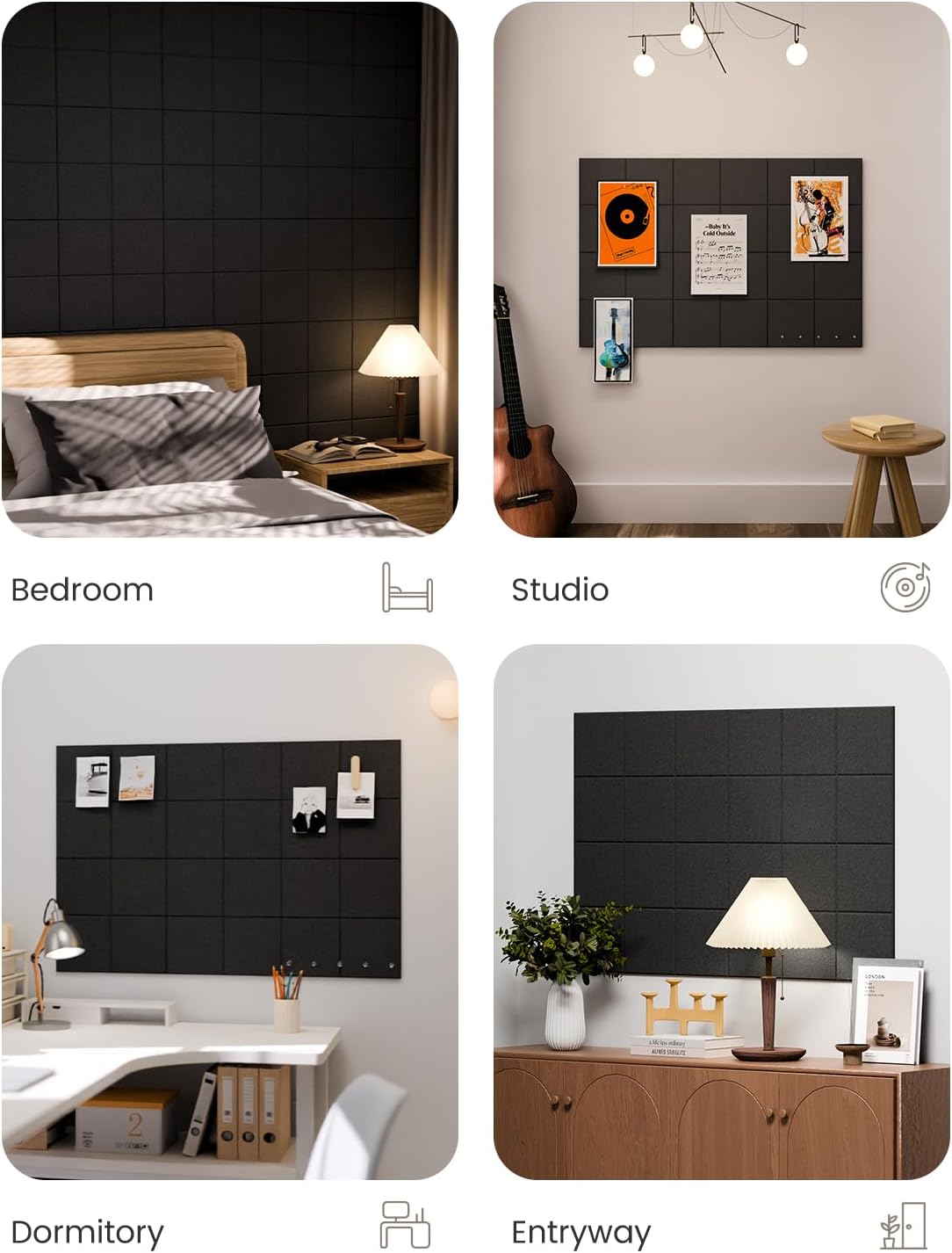 Large Felt Bulletin Board 36"x24", 6-Pack 4-Compartment Wall Organizer, Cork Board Alternative with 60 Removable Adhesive Tabs, Modular Felt Panels for Home Office, Classroom and Study-Black