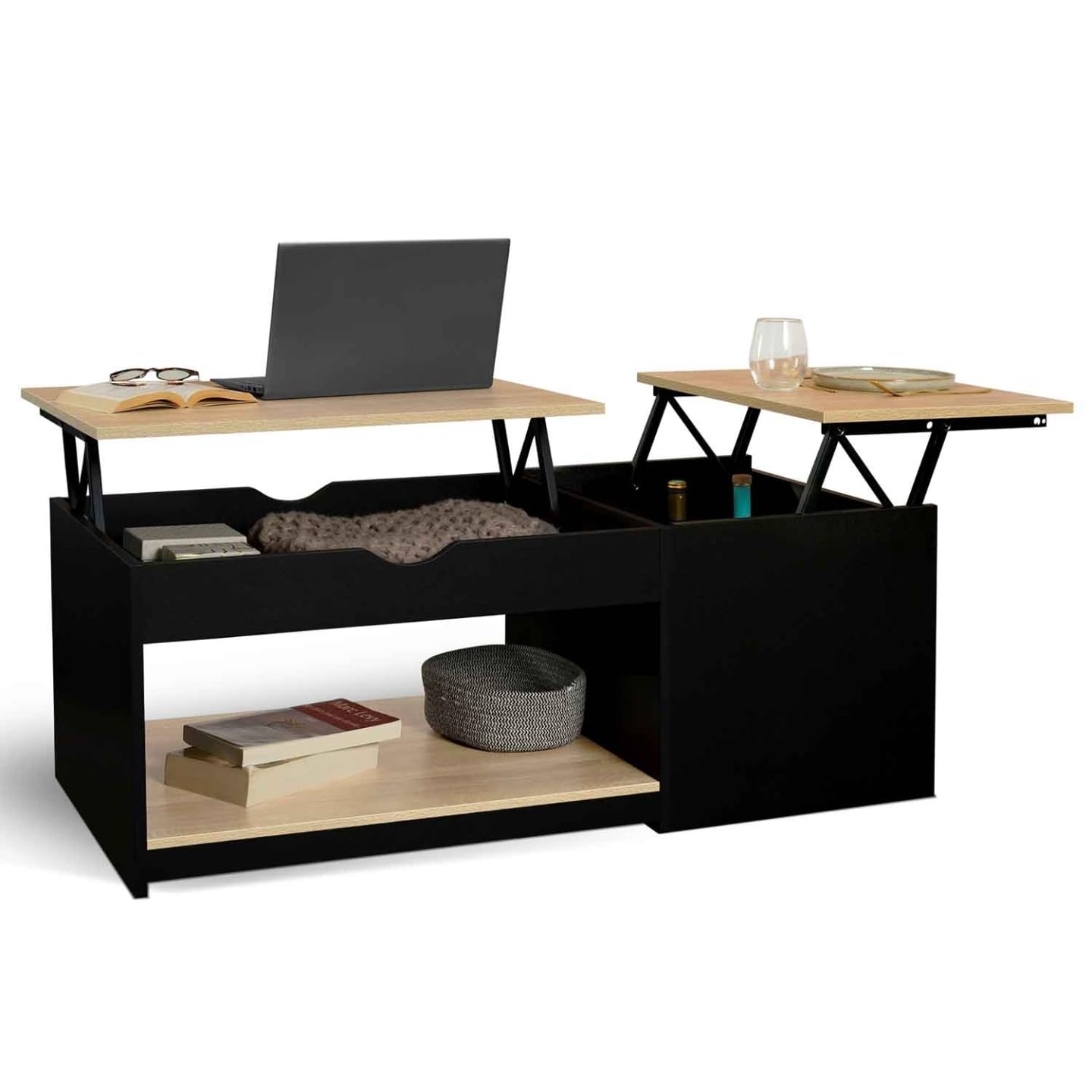 IDMarket - Table Basse 2 Plateaux relevables rectangulaire EYLA avec Coffre Bois Noir et façon hêtre