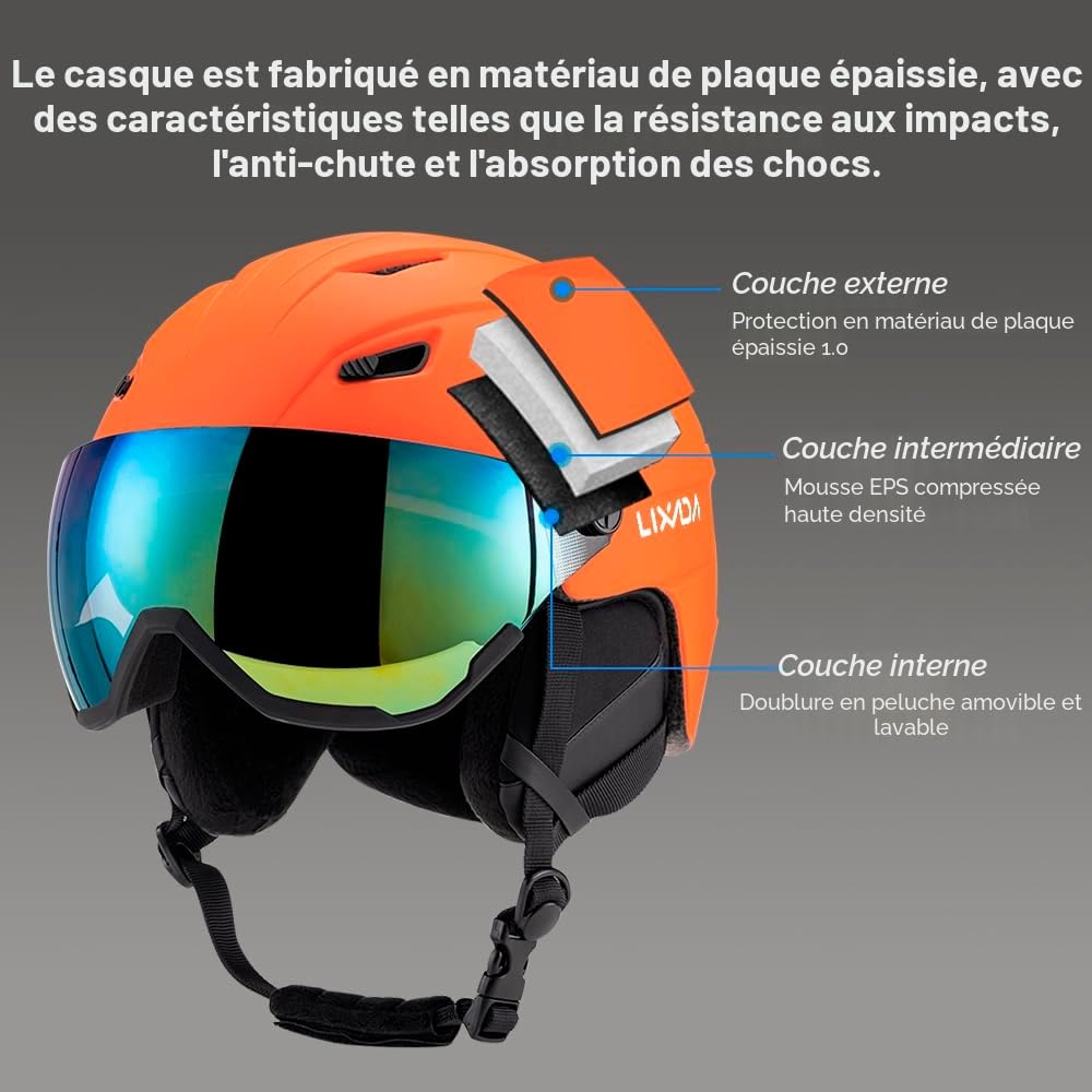 Kavolet Casque de ski intégré pour homme et femme, casque de snowboard avec visière amovible, trous de ventilation, résistant, chaud et respirant, casque de ski pour homme et femme