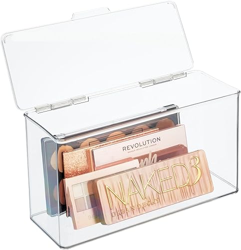 Miniatura 8 de mDesign Caja organizadora de almacenamiento de cosméticos de maquillaje de plástico con tapa con bisagras para cajones de tocador, sostiene lápiz