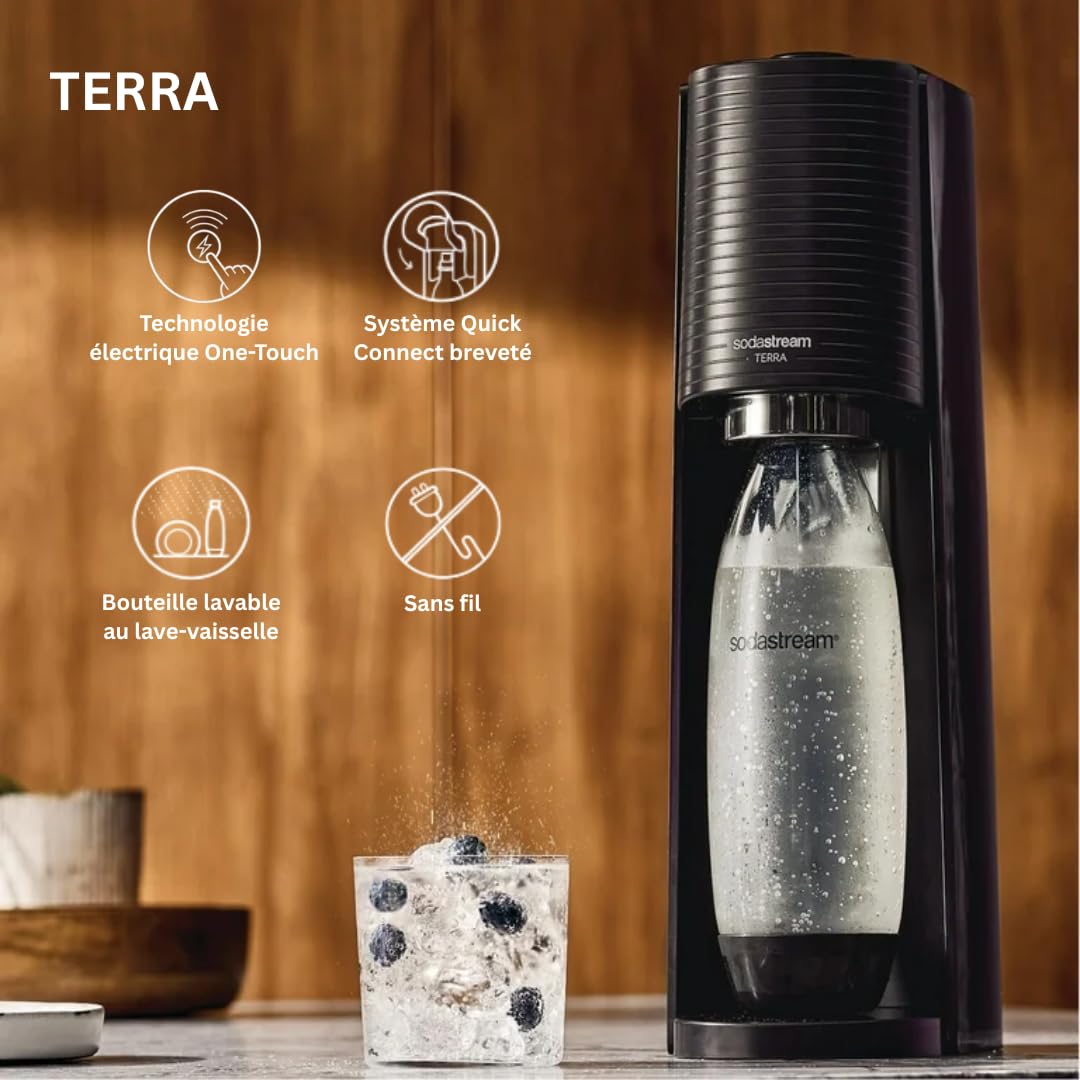 Sodastream Terra Machine à Eau Pétillante et Soda | Pack 1 Bouteille 1L Finition Acier Inoxydable Compatible Lave-Vaisselle + 1 Recharge de Gaz 60L à Clipser | Noire