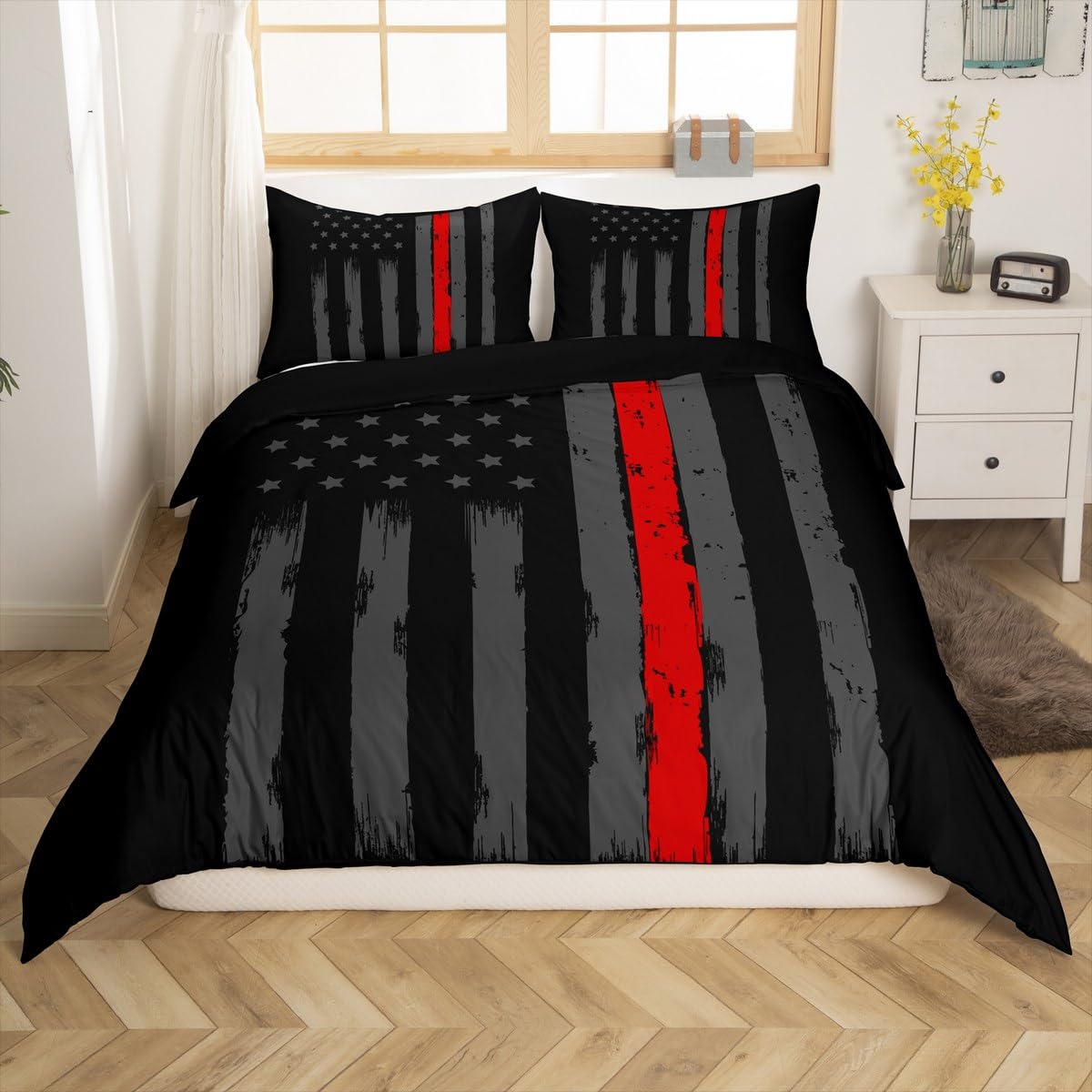Erosebridal American Flag Duvet Cover Twin Black Grey Red Line Flag Bedding Set for Men Boys Kids Girls Novelty Star Stripe Comforter Cover Retro Vintage Flags Quilt Cover