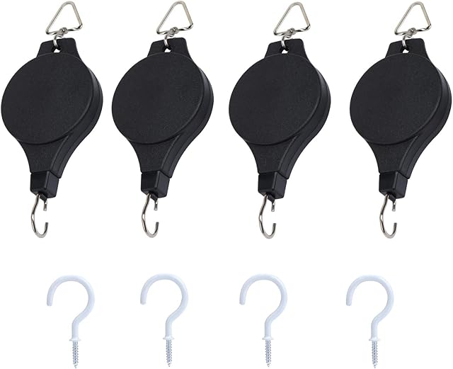 Coolty 4 Pack Plant Pulley, Retractable Adjustable Heavy Duty Plant Flower Baskets Hooks for Hanging Baskets & Bird Feeder with 4 PCS White Ceiling Hooks