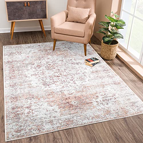 Image of Bloom Rugs Washable Non-Slip 8' x 10' Rug - Ivory/Blush Traditional Area Rug for Living Room, Bedroom, Dining Room, and Kitchen - Exact Size: 8' x 10'